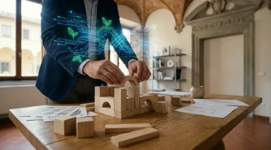 Scena evocativa che rappresenta l'accesso ai fondi PNRR per progetti di innovazione digitale e sostenibilità in Italia