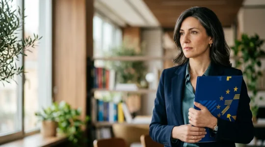 Imprenditrice italiana esamina documentazione per certificazione di sostenibilità in ufficio moderno
