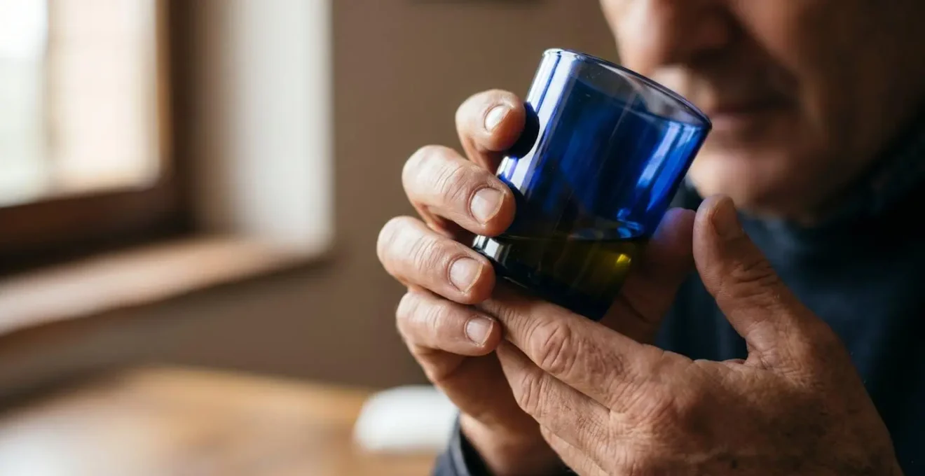 Mani di degustatore che tengono bicchiere scuro durante assaggio professionale di olio extravergine d'oliva