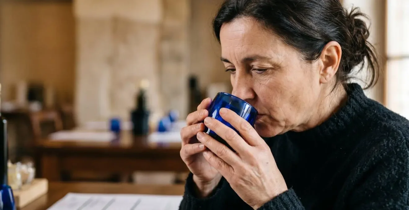 Assaggiatore professionista valuta olio extravergine in bicchiere scuro da degustazione con scheda panel test