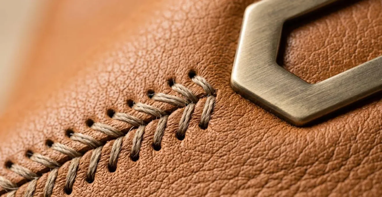 Dettagli macro di una borsa di lusso italiana autentica con cuciture e texture della pelle