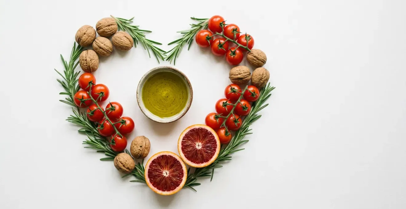Rappresentazione visiva della dieta mediterranea e della salute cardiovascolare con elementi simbolici naturali
