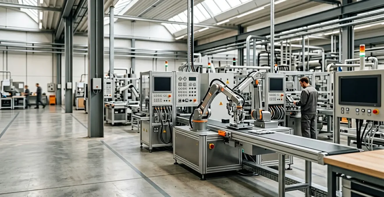 Ambiente industriale manifatturiero italiano moderno con elementi di digitalizzazione e tecnologie Industria 4.0