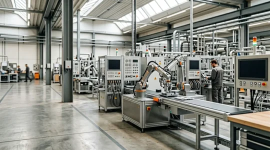 Ambiente industriale manifatturiero italiano moderno con elementi di digitalizzazione e tecnologie Industria 4.0