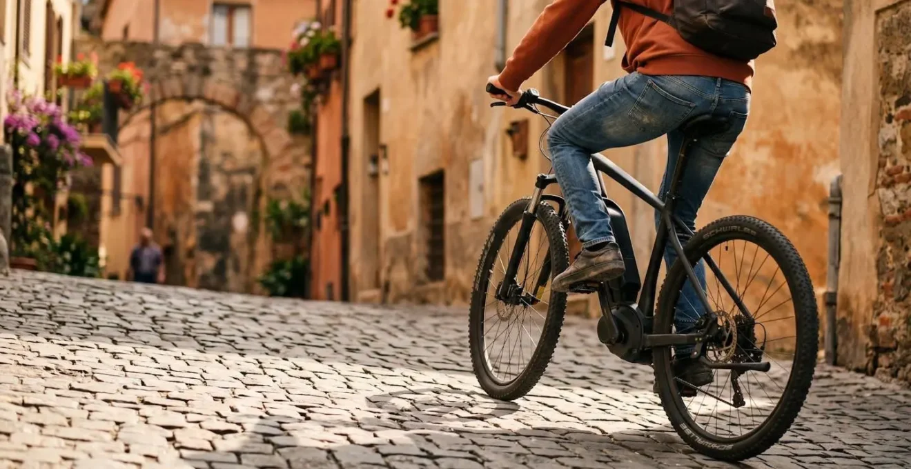 E-bike su strada collinare italiana che mostra stabilità e capacità in salita