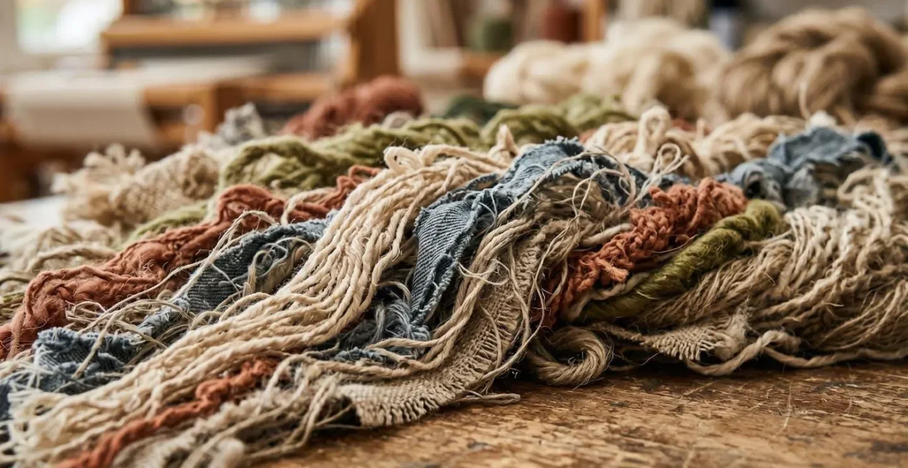 Dettaglio macro di materiali tessili riciclati e fibre naturali in processo di economia circolare