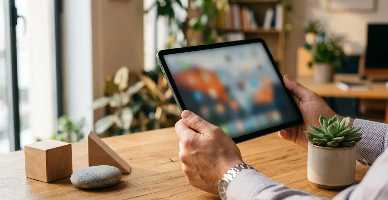 Imprenditore italiano analizza il percorso di certificazione B Impact Assessment su tablet in azienda sostenibile