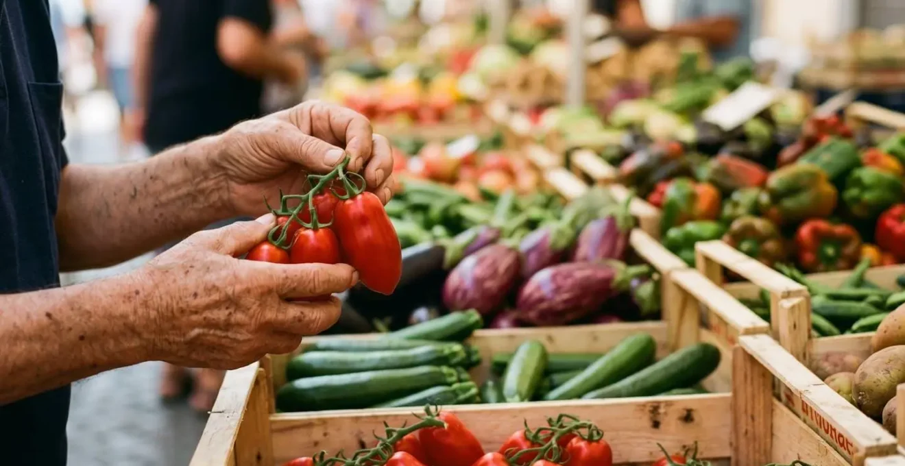 Composizione di ingredienti autentici della dieta mediterranea in contrasto simbolico con alimenti processati