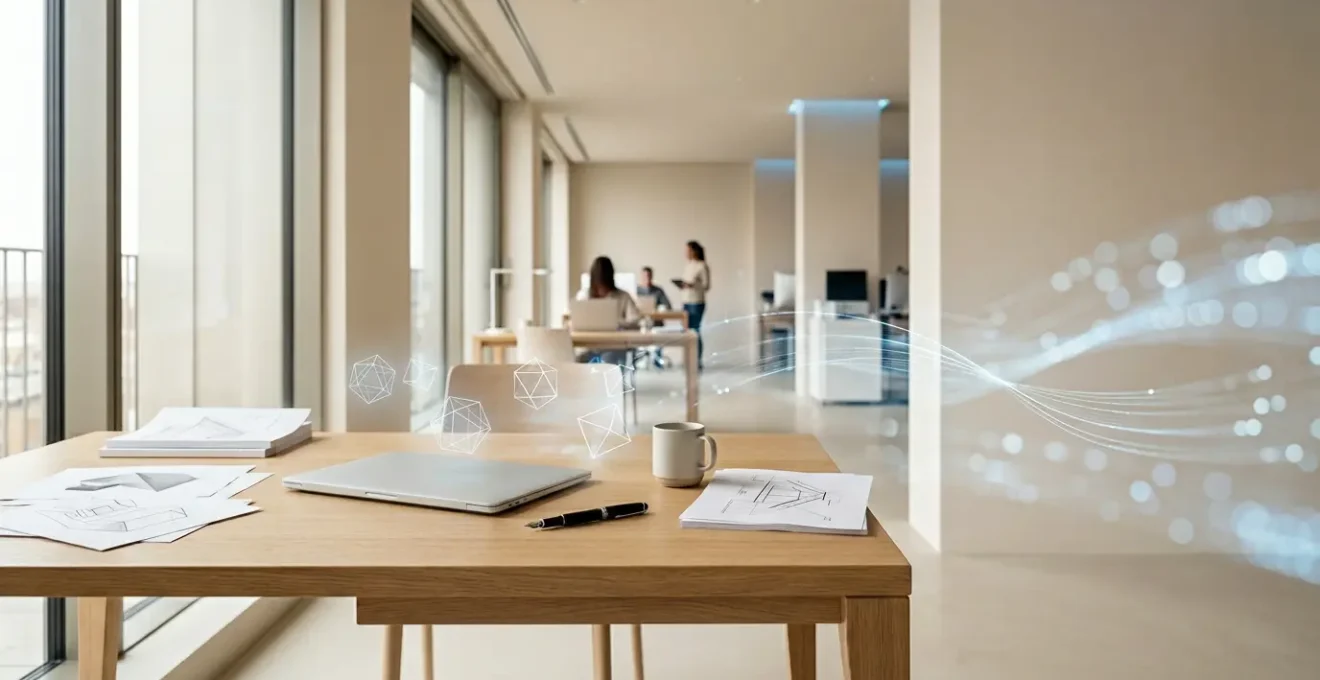 Ambiente di lavoro moderno con elementi che rappresentano l'automazione attraverso l'intelligenza artificiale generativa