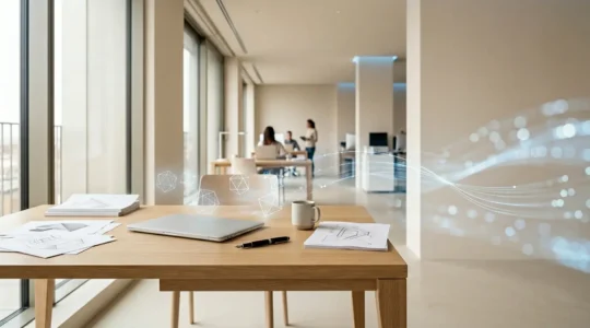 Ambiente di lavoro moderno con elementi che rappresentano l'automazione attraverso l'intelligenza artificiale generativa