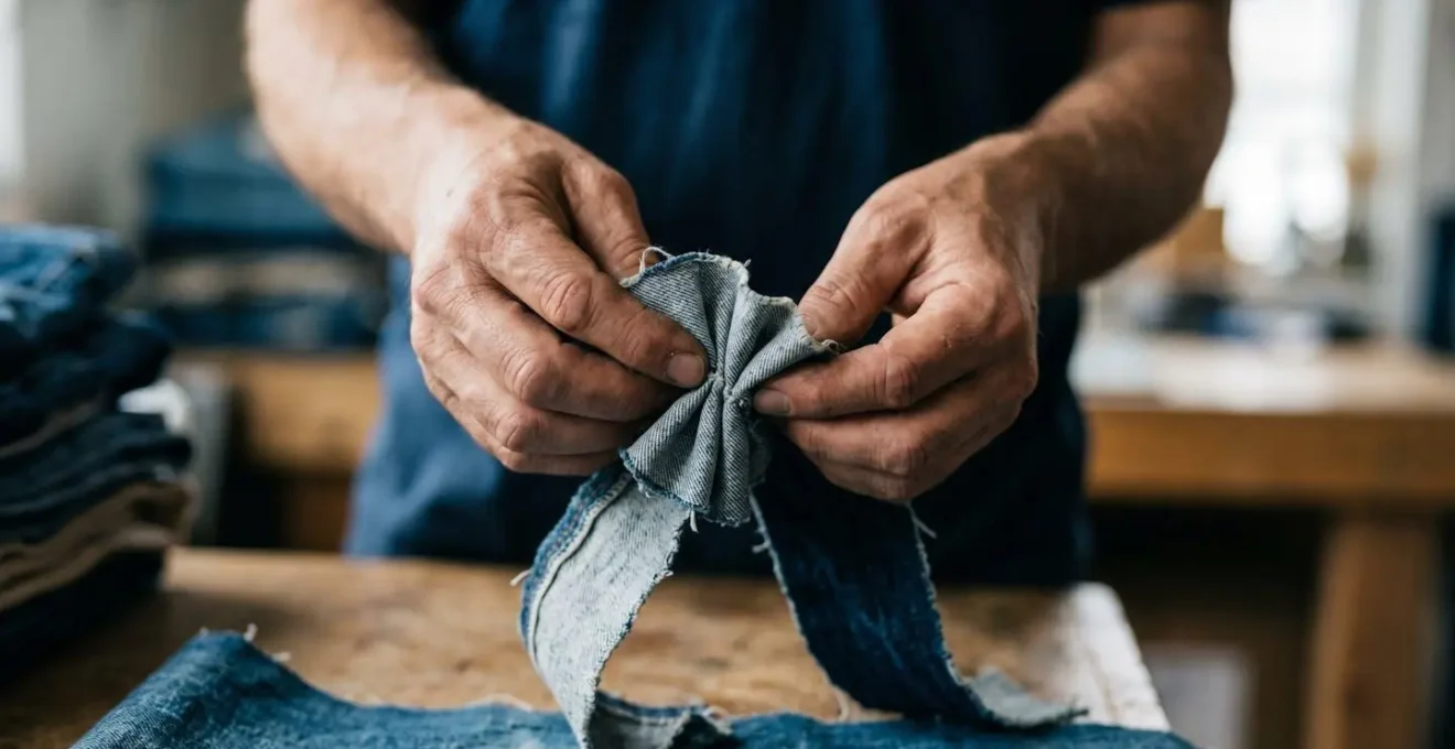 Primo piano simbolico di mani che lavorano tessuto riciclato con gesto creativo