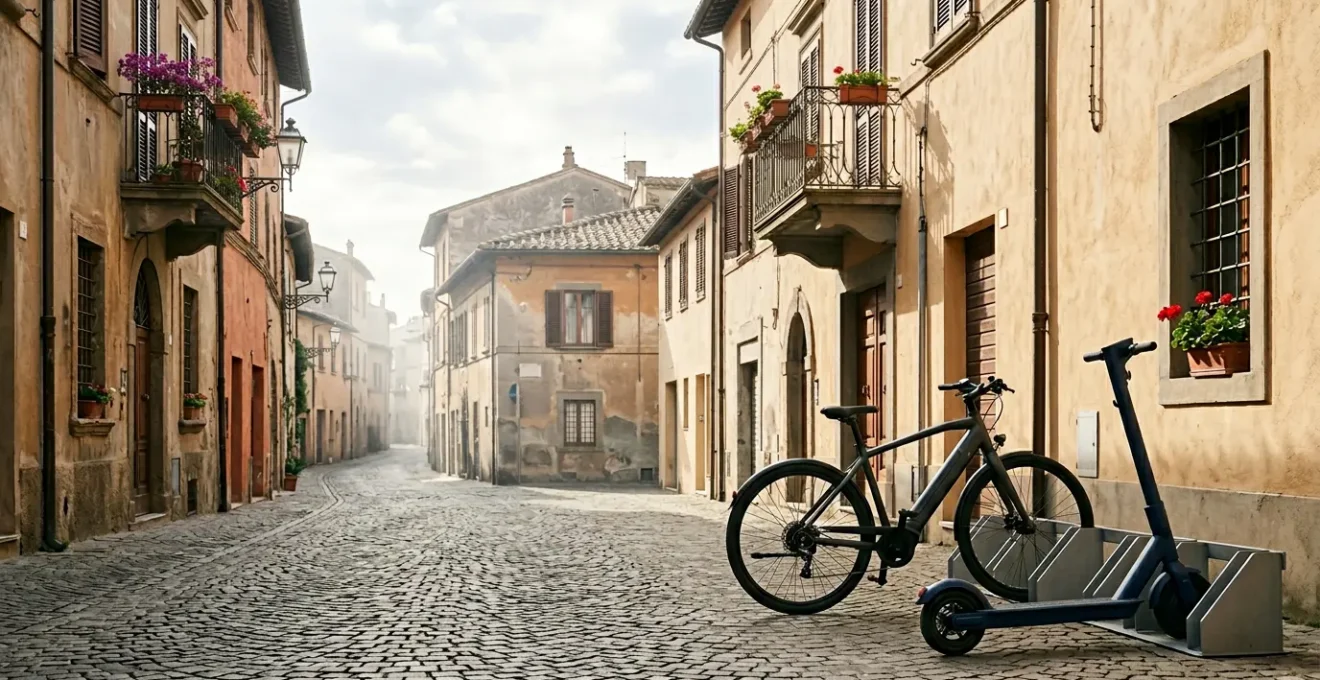 Confronto visivo tra monopattino elettrico e e-bike in ambiente urbano italiano per brevi tragitti