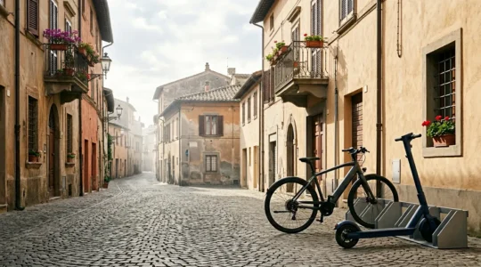 Confronto visivo tra monopattino elettrico e e-bike in ambiente urbano italiano per brevi tragitti