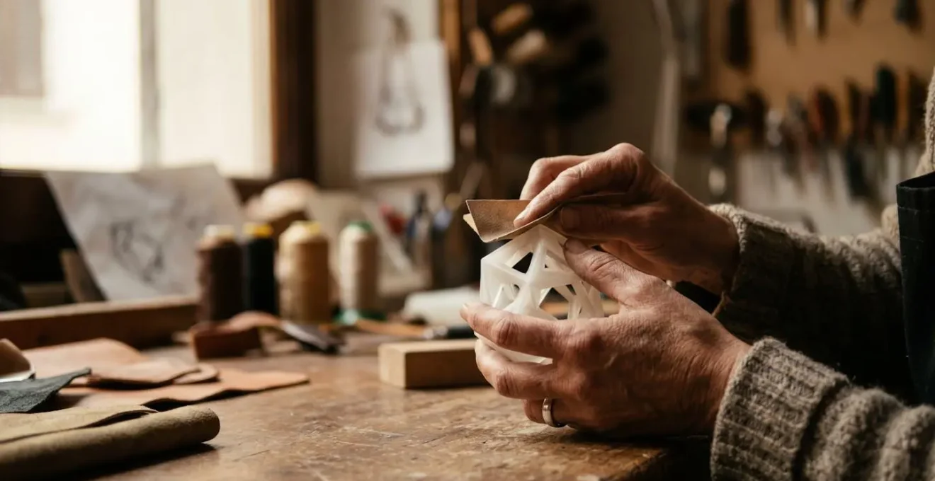 Mani di artigiano italiano che rifiniscono manualmente accessorio moda stampato in 3D