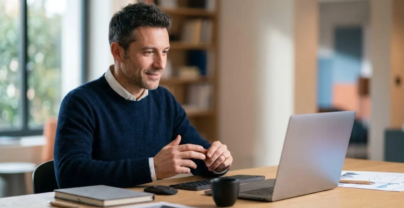 Professionista che lavora con strumenti di intelligenza artificiale in un ambiente sereno e produttivo