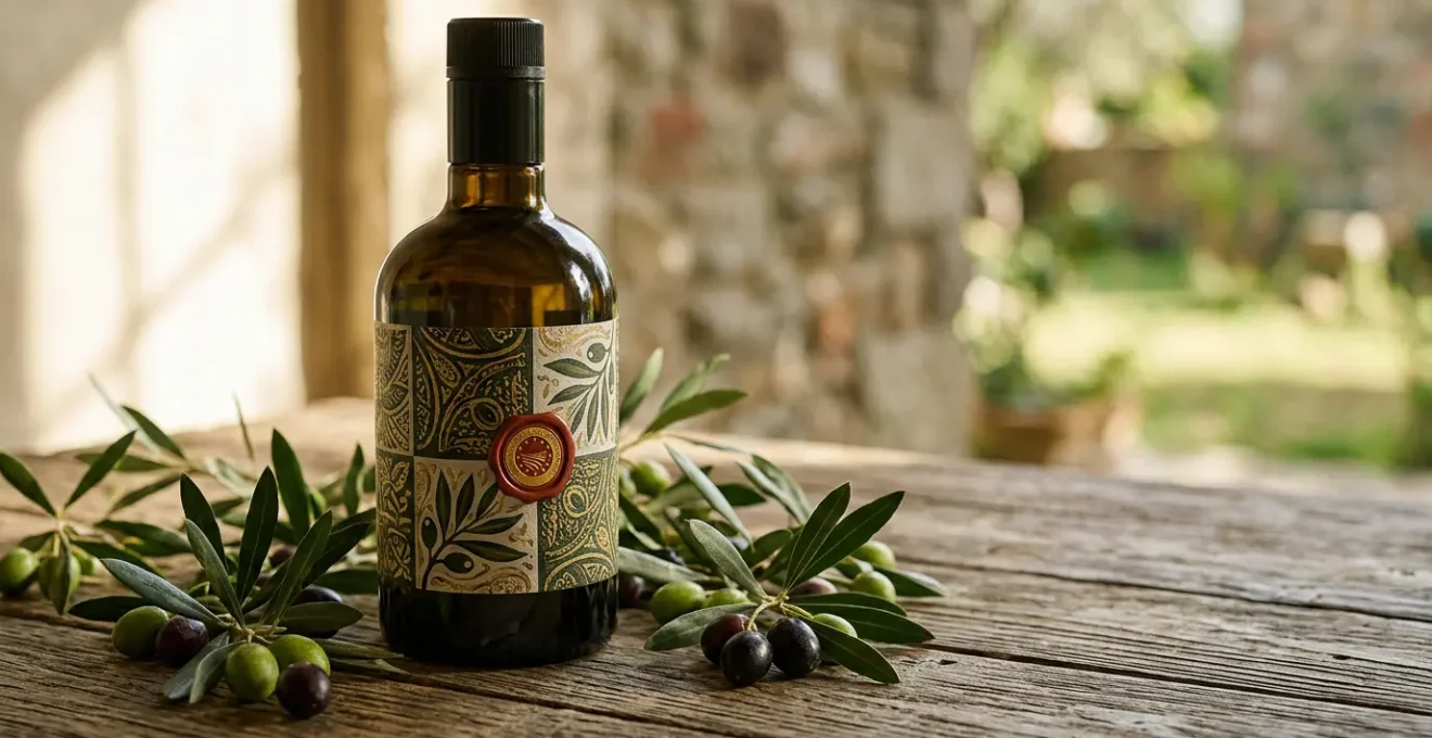 Bottiglia di olio extravergine DOP italiano con sigillo certificazione su sfondo naturale minimalista