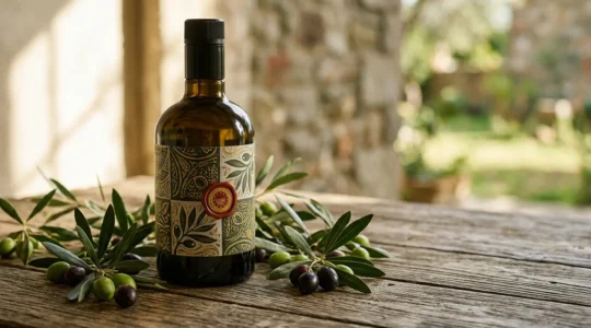 Bottiglia di olio extravergine DOP italiano con sigillo certificazione su sfondo naturale minimalista