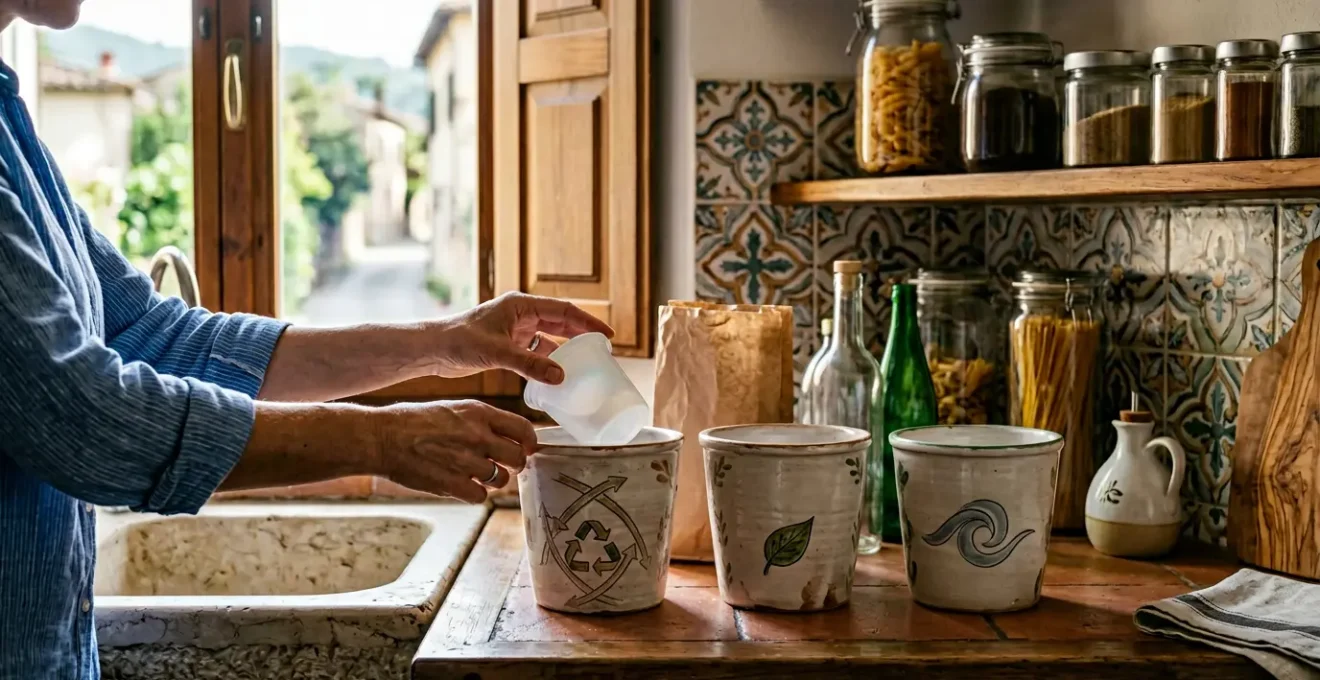 Persona che compie gesti ecologici quotidiani in ambiente domestico naturale