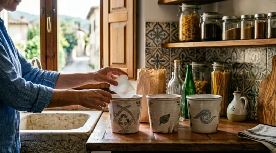 Persona che compie gesti ecologici quotidiani in ambiente domestico naturale