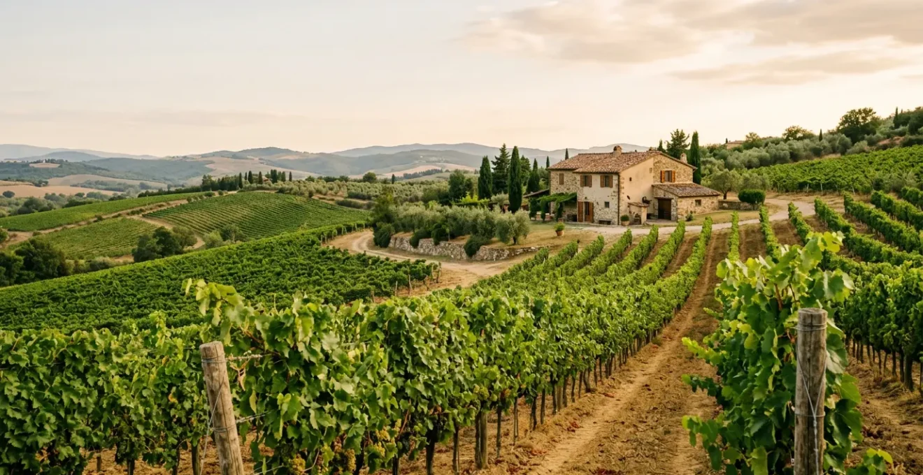 Paesaggio viticolo italiano con filari di vigne e cantina familiare tradizionale sullo sfondo collinare