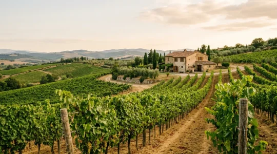 Paesaggio viticolo italiano con filari di vigne e cantina familiare tradizionale sullo sfondo collinare