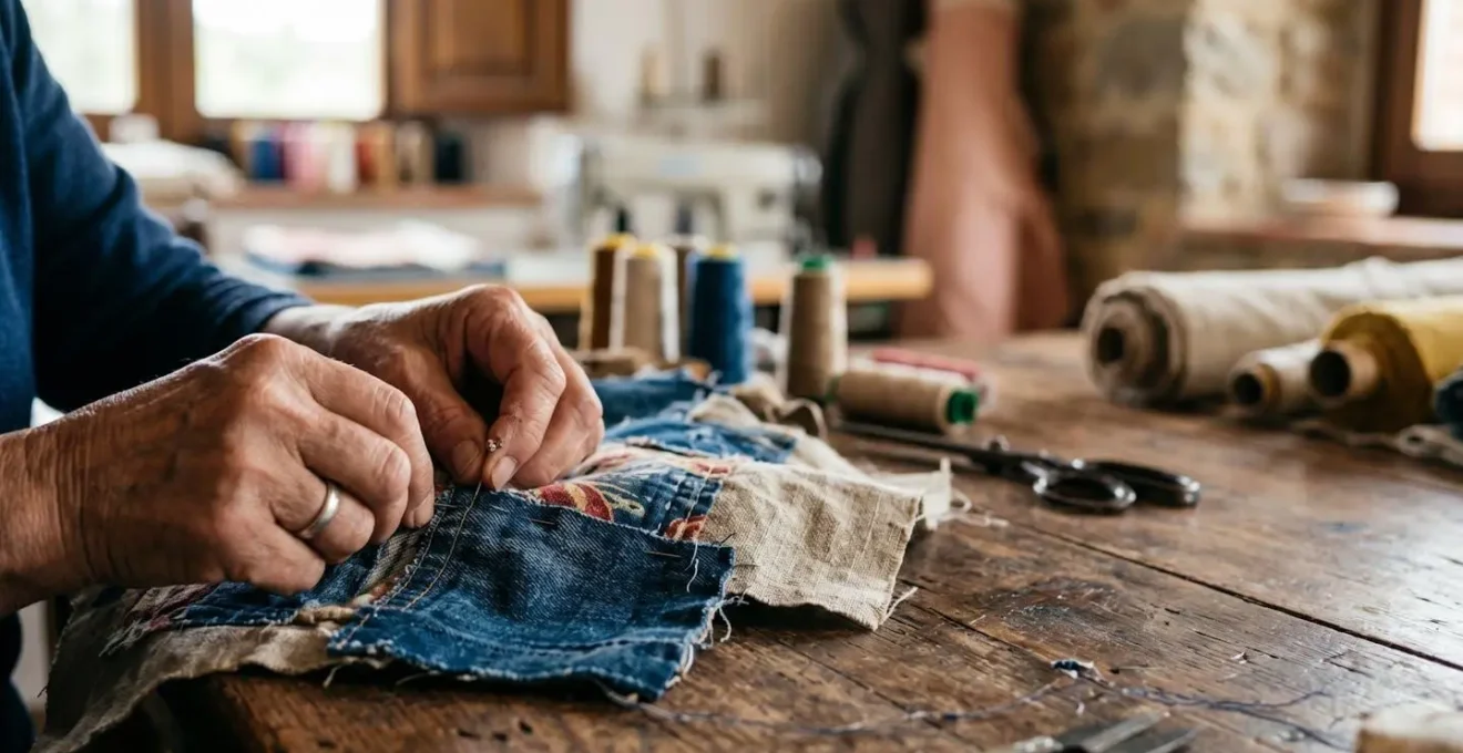 Artigiano che lavora tessuti di scarto per creare capi moda unici con tecniche di upcycling
