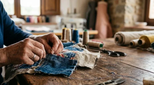 Artigiano che lavora tessuti di scarto per creare capi moda unici con tecniche di upcycling