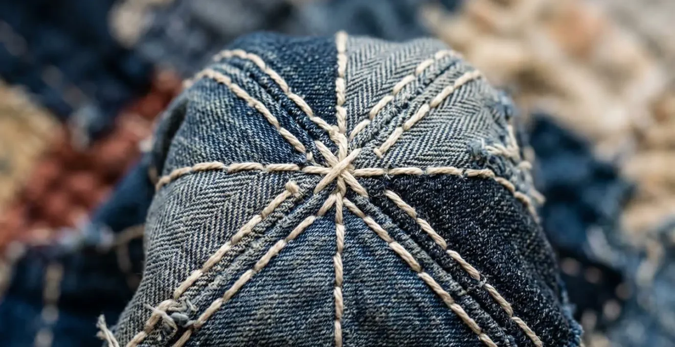Dettaglio macro di tessuto upcycled che mostra la qualità artigianale e le cuciture precise