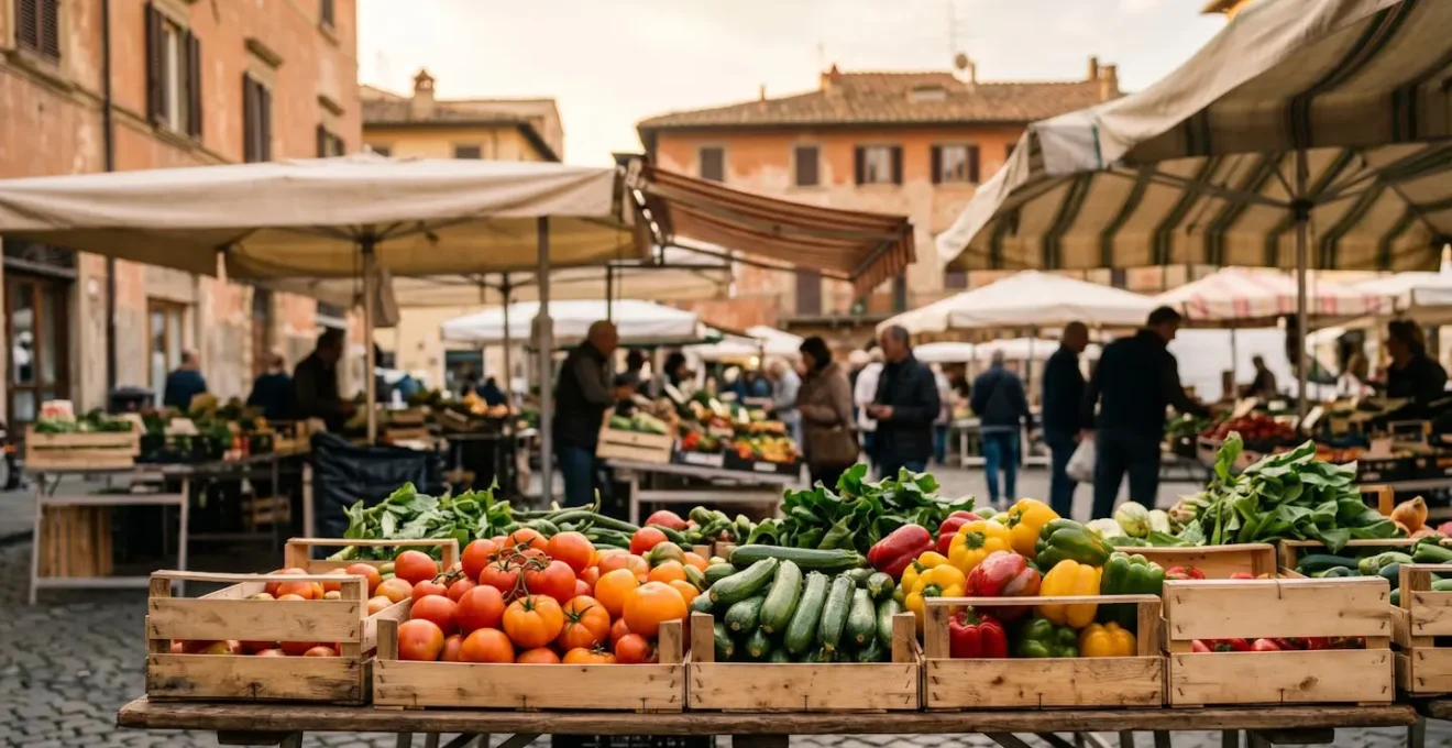 Ambiente minimalista di mercato italiano con verdure fresche sfuse in primo piano