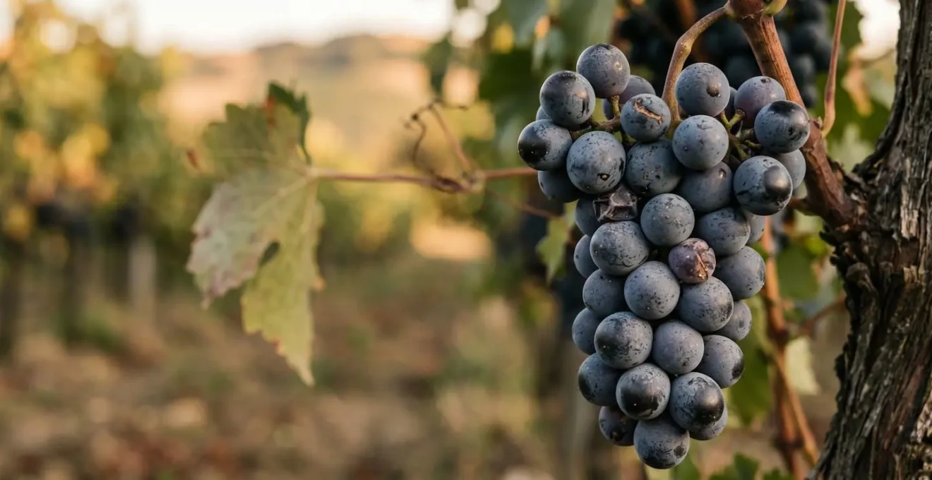 Dettaglio ravvicinato di grappolo di uva autoctona italiana con texture naturale e luce solare