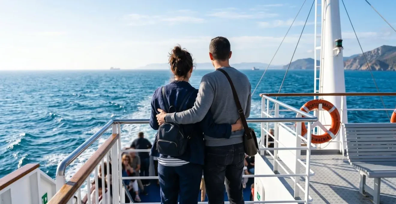 Una coppia vista di spalle sul ponte di un traghetto moderno osserva l'orizzonte marino al mattino durante la traversata verso la Corsica