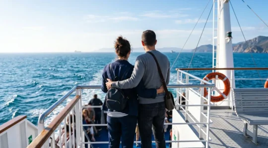 Una coppia vista di spalle sul ponte di un traghetto moderno osserva l'orizzonte marino al mattino durante la traversata verso la Corsica