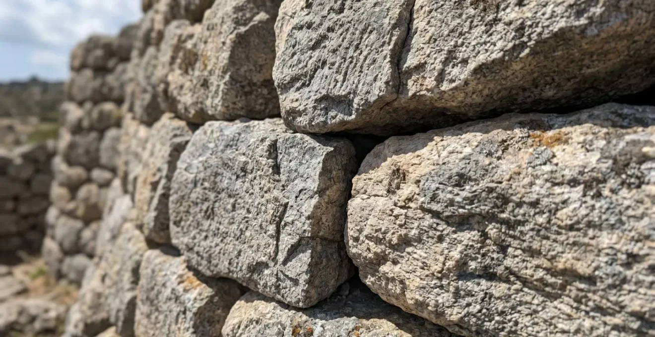 Primo piano della muratura a secco di un nuraghe con pietre calcaree incastrate senza malta e texture naturale della roccia