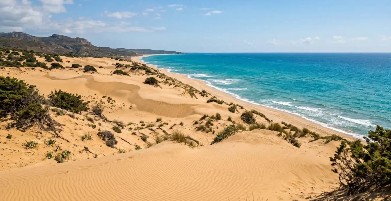 Vaste dune di sabbia dorata che si estendono verso il mare con vegetazione mediterranea sparsa sotto il cielo azzurro