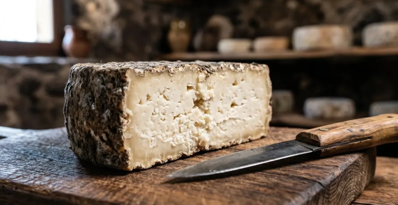 Primo piano ravvicinato di una forma di formaggio Niolo corso su una tavola di legno rustico con un coltello tradizionale accanto, texture della pasta visibile