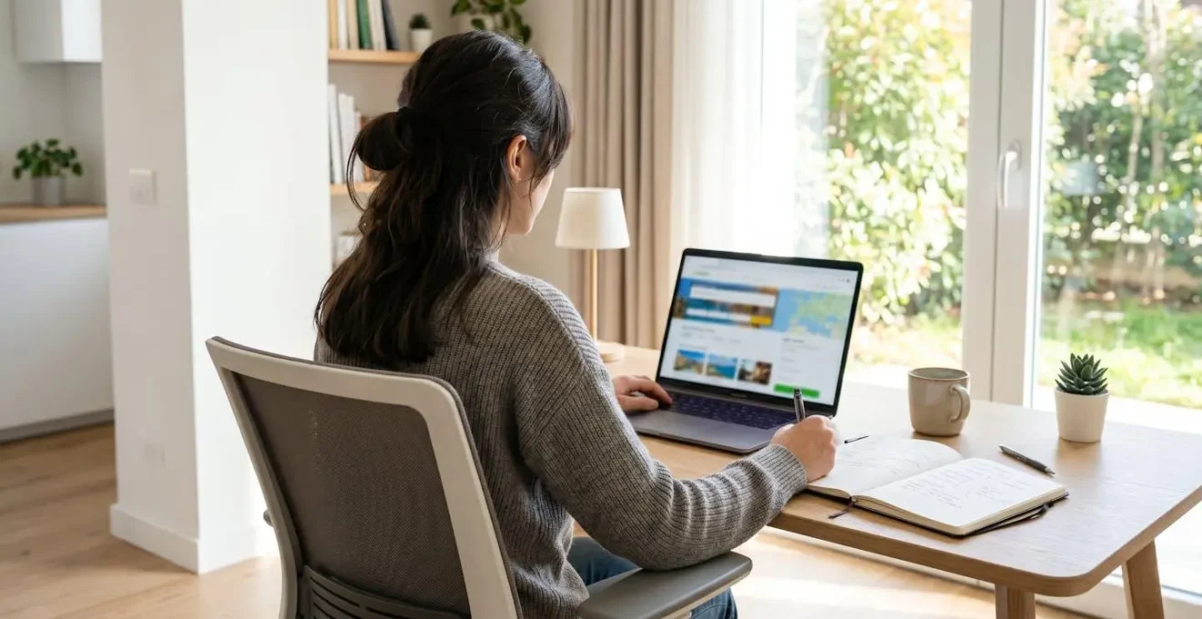 Una persona vista di spalle davanti a un computer portatile in un ambiente domestico moderno e luminoso, mentre consulta un sito di prenotazioni con luce naturale dalla finestra
