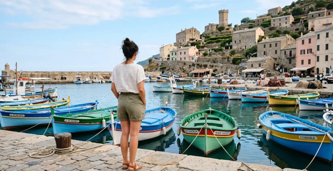 Una persona vista di spalle in abbigliamento estivo casual osserva barche da pesca colorate ormeggiate in un piccolo porto corso sotto la luce mattutina
