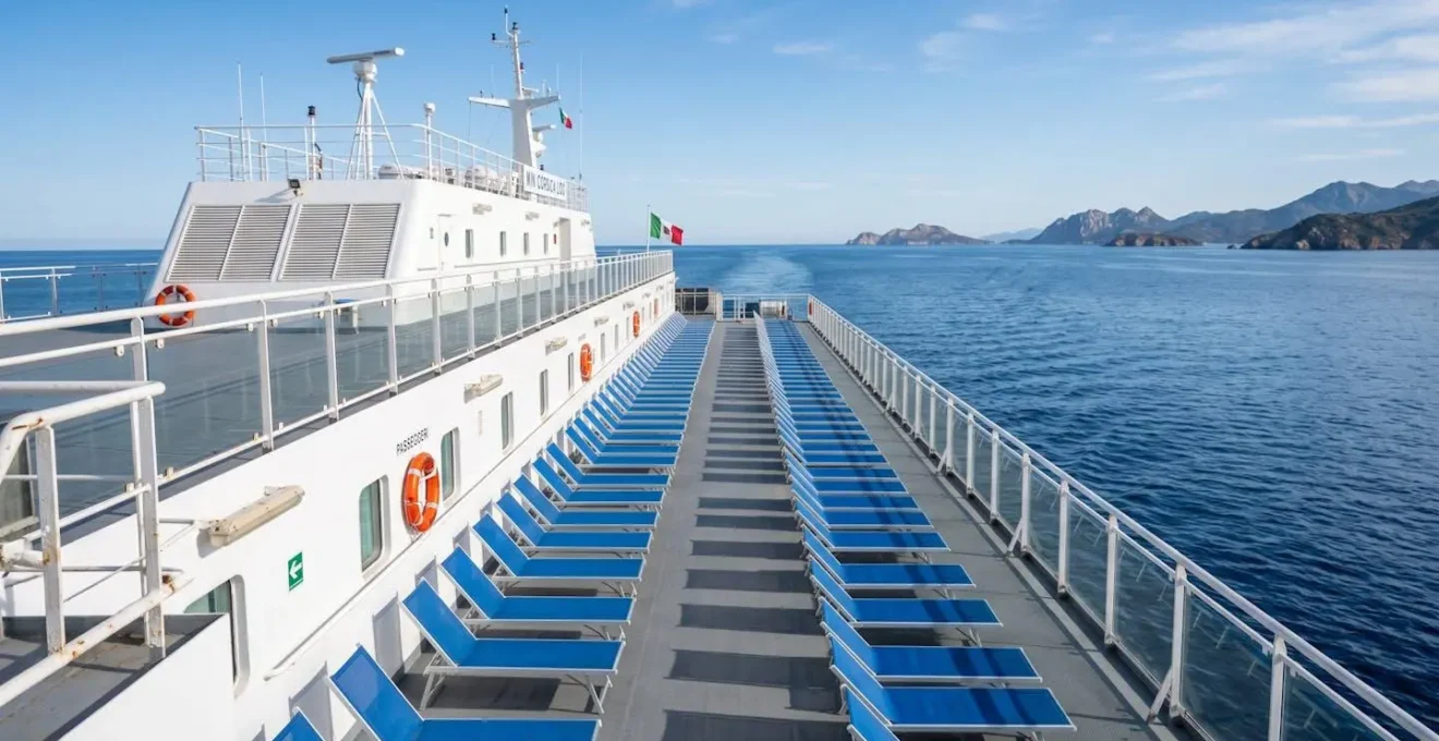 Ponte esterno di un traghetto moderno con file di sedute blu rivolte verso il mare aperto, atmosfera luminosa e spaziosa