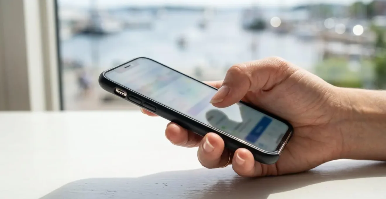 Primo piano di una mano che tiene uno smartphone con interfaccia di prenotazione traghetti sullo schermo completamente sfocato, su una superficie moderna chiara con luce naturale laterale
