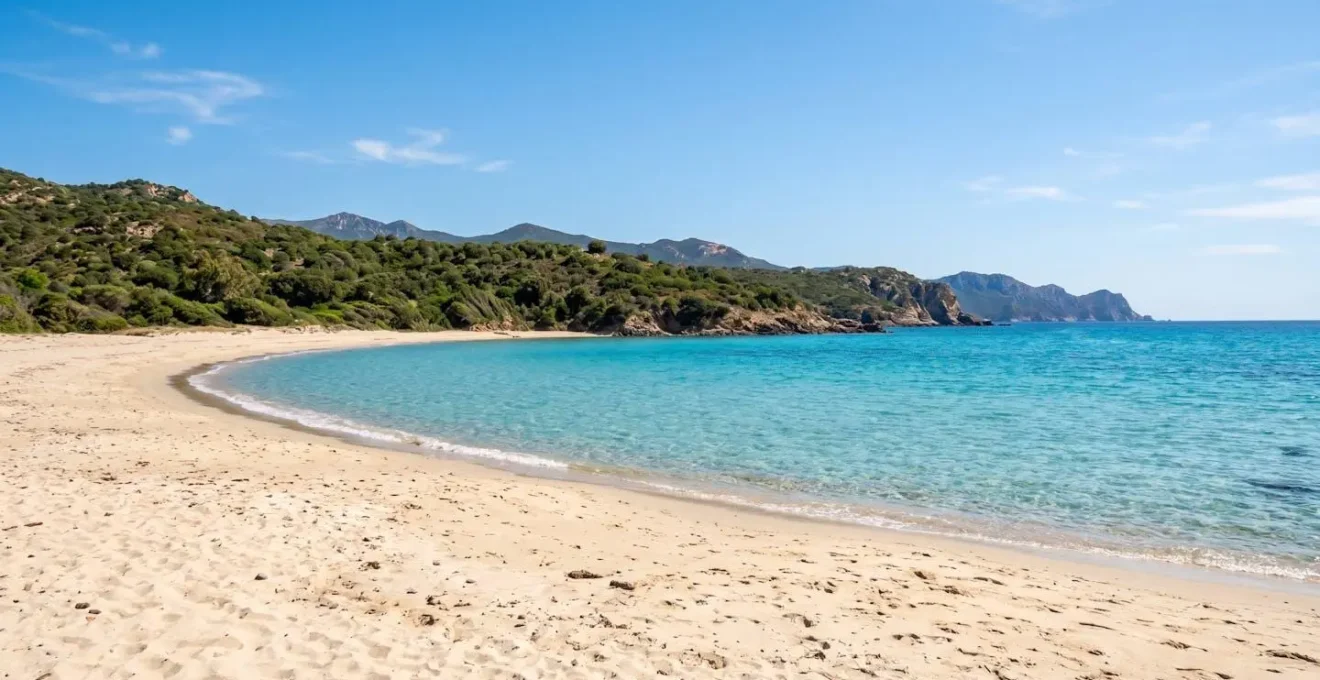 Una spiaggia corsa con sabbia chiara e acqua turchese cristallina, semi-deserta, con vegetazione mediterranea sullo sfondo e cielo sereno