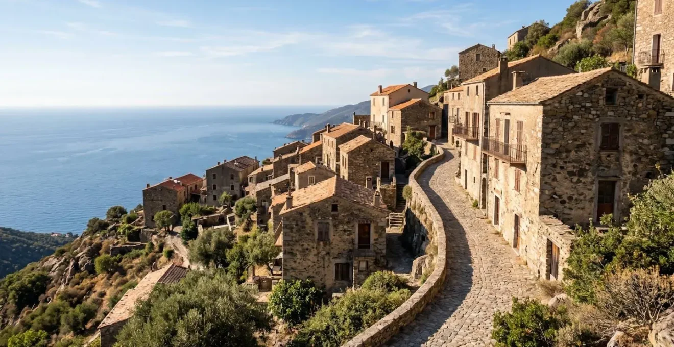 Un villaggio corso di case in pietra chiara arroccato su una collina con vista sul mare Mediterraneo sotto la luce calda del pomeriggio