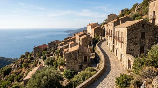 Un villaggio corso di case in pietra chiara arroccato su una collina con vista sul mare Mediterraneo sotto la luce calda del pomeriggio