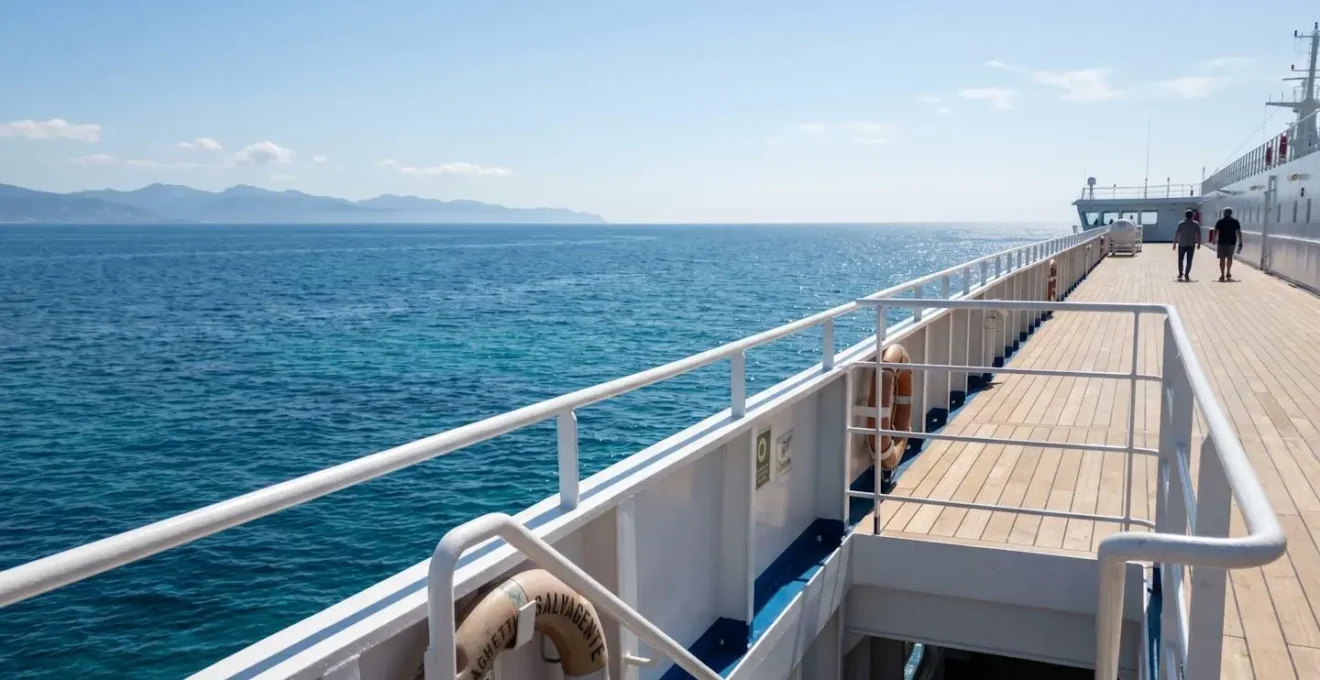 Vista dall'alto del ponte di un moderno traghetto con ringhiere in primo piano e l'orizzonte del Mar Mediterraneo azzurro che si estende all'infinito