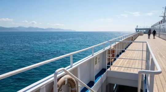 Vista dall'alto del ponte di un moderno traghetto con ringhiere in primo piano e l'orizzonte del Mar Mediterraneo azzurro che si estende all'infinito