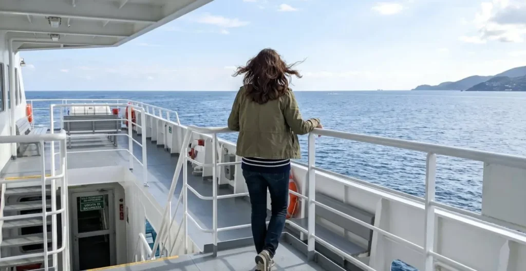 Una persona vista di spalle in piedi sul ponte di un traghetto, capelli mossi dal vento, che osserva l'orizzonte marino in un momento di contemplazione solitaria Una persona vista di spalle in piedi sul ponte di un traghetto, capelli mossi dal vento, che osserva l'orizzonte marino in un momento di contemplazione solitaria